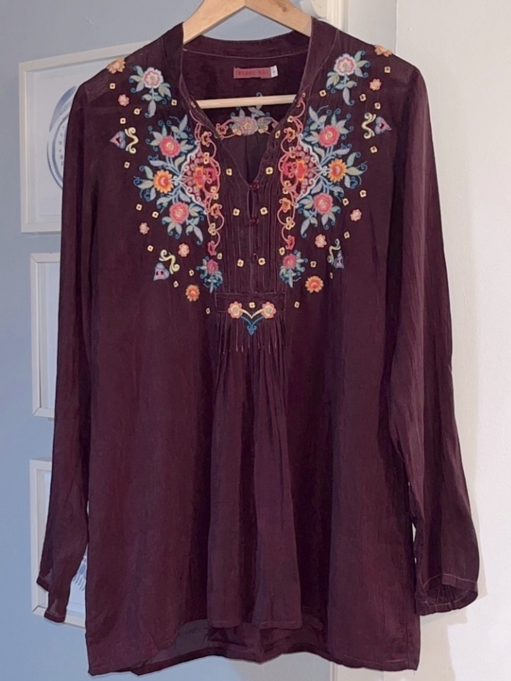 Johnny Was Eggplant Purple Floral Embroidered Tunic Top Oversized Size S - Picture 2 of 5